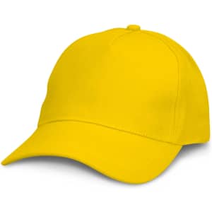 A yellow cap with a curved brim, featuring a simple design and a logo.