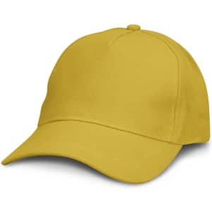 A yellow cap with a curved brim and a seamless design, featuring a branding logo.