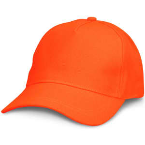 An orange cap with a curved brim and a structured crown, featuring a logo on the front.