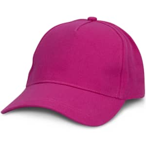 A bright pink cap with a curved brim and a logo on the front.