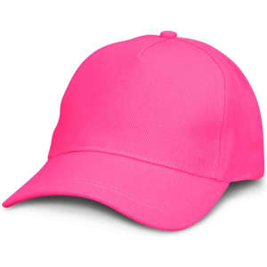 A pink cap with a curved brim and a fitted design, featuring a logo on the front.