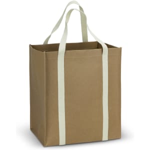 Kraft tote bag in brown with light green handles, featuring a simple design and no visible branding.