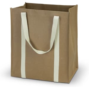 A Kraft tote bag in brown with light green straps and a square shape. It has a simple design and no visible branding.