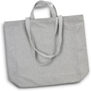 A grey tote bag with two handles, featuring a simple design and a logo.