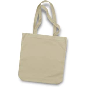 A beige canvas tote bag with two shoulder straps and a simple design, featuring a logo.