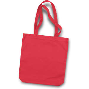 A red canvas tote bag with two shoulder straps and an unembellished design. It has a basic shape and structure.