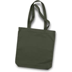 An olive green canvas tote bag with two shoulder straps and a simple design. It features a logo.