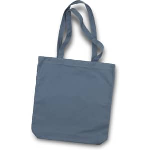 A grey canvas tote bag with two sturdy handles and a simple design, featuring a logo.