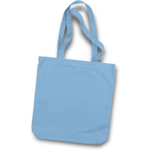 A light blue canvas tote bag with two shoulder straps and a simple design. It has a logo.