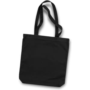 A black canvas tote bag with two long handles and an open top, featuring a simple design.