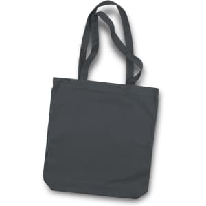 A dark grey canvas tote bag with two long handles and a simple design. It features a logo.