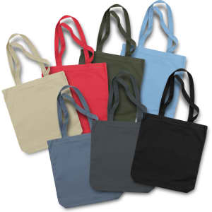 A collection of canvas tote bags in various colours including red, green, blue, black, and beige, with matching handles.