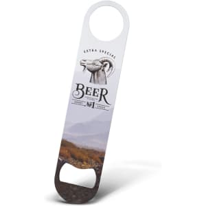 A drink bottle opener featuring a scenic design with mountains and a logo. The opener has a silver finish.
