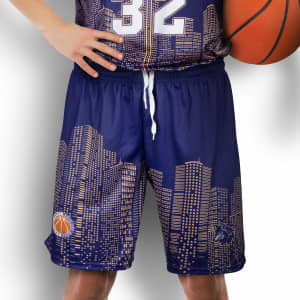 Custom men's basketball shorts in blue with a city skyline design and a logo. Features an elastic waistband.