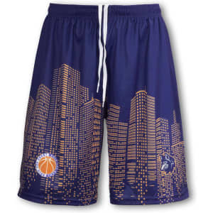 Custom men's basketball shorts in navy, featuring a city skyline design and a basketball logo. It has a waistband with a drawstring.