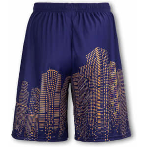 Navy basketball shorts featuring a city skyline design in gold. Includes an elastic waistband and branding.
