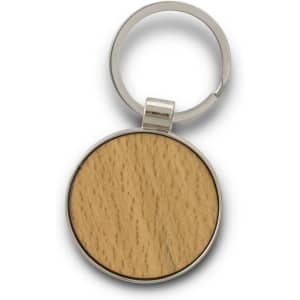 A round key ring with a silver metal frame and a natural wood centre, featuring a keychain loop.