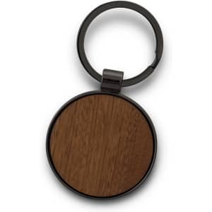 A round key ring featuring a wooden surface with a black metal frame. The key ring has a sleek design.