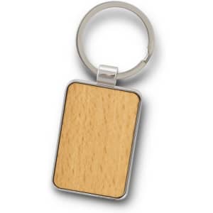 A rectangular wooden key ring with a silver metal attachment.
