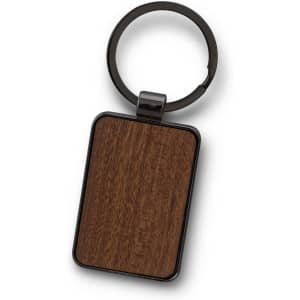 A rectangular key ring featuring a wooden surface and a black metal ring. The design has a sleek and modern look.