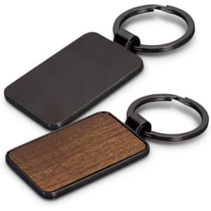 A rectangular key ring with a black metal finish and a wooden side, featuring a keychain attachment.