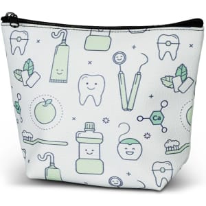 A small cosmetic bag in white featuring dental and health-themed illustrations in green and light blue.