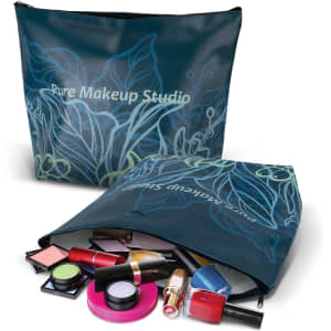 A large teal cosmetic bag with a floral design, open to reveal various makeup items and a branding logo.