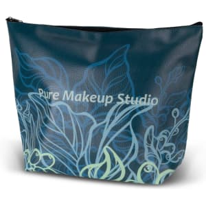 A large cosmetic bag in dark teal featuring floral designs, with a logo and a zippered top for closure.