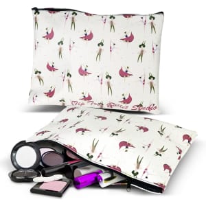 A large cosmetic bag with a floral design, featuring various makeup items including eyeshadow and lipstick.