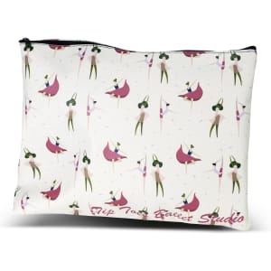 A large cosmetic bag featuring a ballet-themed design with dancers in shades of pink, green, and cream. It has a logo.