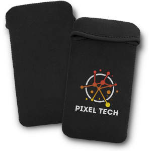 A black phone pouch with a logo featuring colourful graphics. It has a secure top closure.