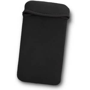 A black phone pouch with a soft texture and a folded top, designed for protection. Features a logo.