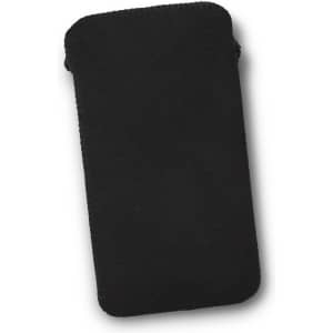 A black phone pouch with a smooth texture and rounded edges, featuring a logo.