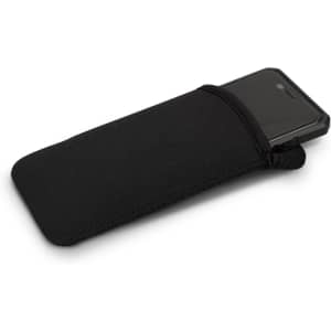 A black phone pouch with a phone partially inserted, featuring a simple design and a logo.