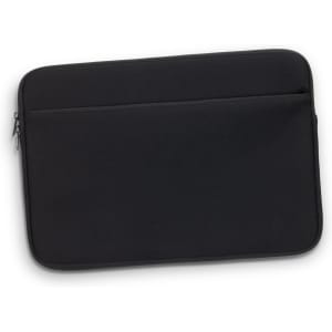 A black laptop sleeve with a zippered pocket and a sleek design. The material is smooth and sturdy, featuring a logo.