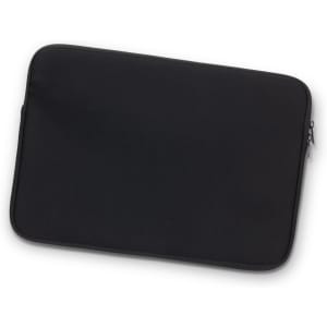 A black laptop sleeve with a zip closure and a smooth exterior, featuring a subtle logo.