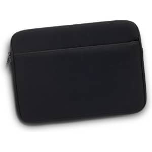 A black laptop sleeve with a zip closure and an additional front pocket, including a logo.