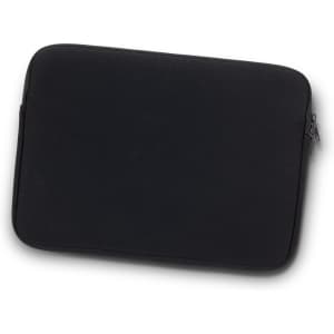 A black laptop sleeve with a zip closure and a simple, sleek design. Features a logo on the front.