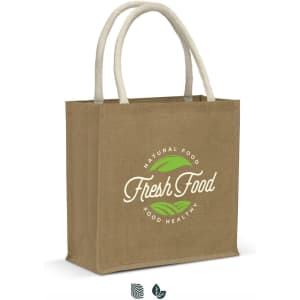 A jute tote bag in a natural brown colour with rope handles and a printed design featuring a logo.