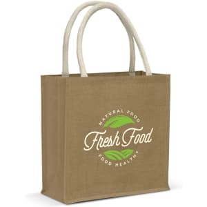 A jute tote bag in a natural tone with cream handles and a logo printed on the front.