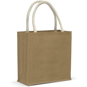 A jute tote bag in a natural brown colour with cream handles and a simple design, featuring a logo.