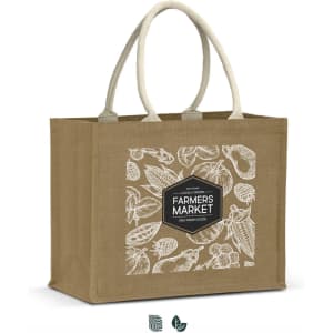 A jute tote bag in brown with cream handles and a design featuring various produce, along with a logo.