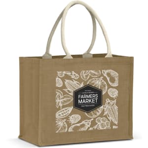 A jute tote bag in light brown with natural handles and a decorative design, featuring a branding logo.