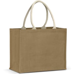A jute tote bag in a natural brown colour with cream-coloured handles and a simple design.