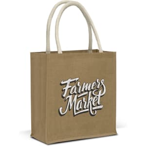 A jute tote bag in tan with cream handles and a logo design. Suitable for shopping or carrying items.