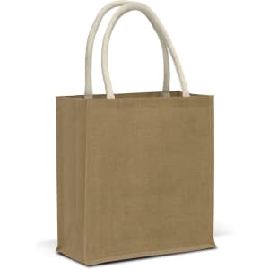A jute tote bag in brown with cream handles. It features sturdy construction and has a logo.