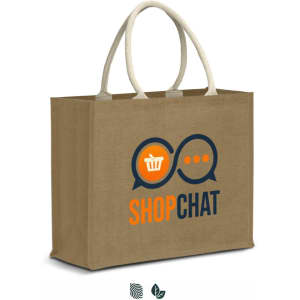 A jute tote bag in brown with light handles, featuring a logo and graphic elements in orange and navy blue.