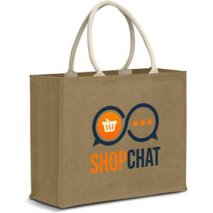 A jute tote bag in brown with cream handles and a logo featuring orange and blue graphics.