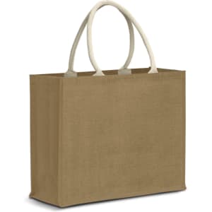 A jute tote bag in a natural brown colour with cream handles and an attached logo.