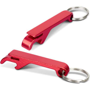 A red metal bottle opener key ring designed for convenience. Features a sleek, minimalistic shape and includes a key ring.